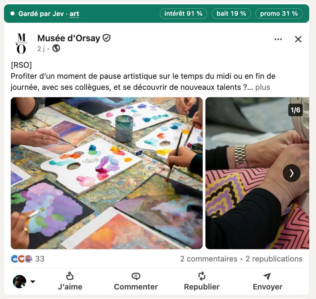 Une publication du Musée d’Orsay coiffée d’un bandeau vert « Gardé par Jev · art », avec 91 % d’intérêt, 19 % de bait et 31 % de promo.